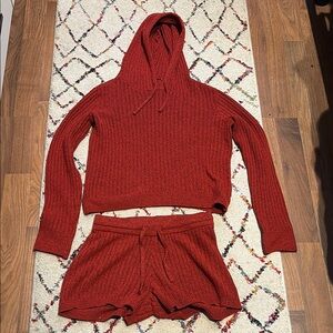 Red Knit Hoodie and Shorts Set